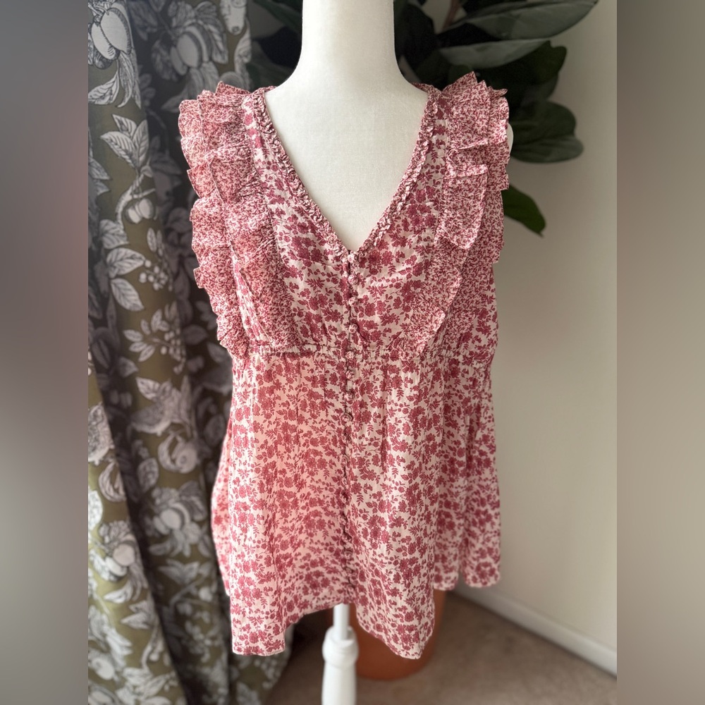 Hatch Pink Floral Ruffle V-Neck Blouse